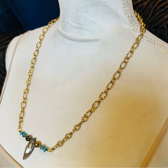 Handcrafted rutilated quartz glass stone beaded bar pendant on chain necklace - Picture 3 of 11